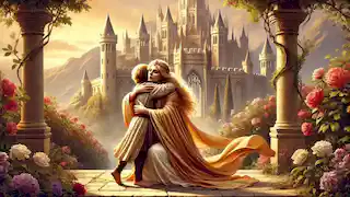 Rhiannon, dressed in flowing golden robes, embraces a young Pryderi outside a majestic castle in the garden.