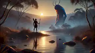 Naru speaks to the Bunyip at dusk by the river, signaling a moment of understanding and peace.