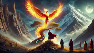 Arash and his companions stand in awe as they face the Phoenix perched on the glowing Tree of Life at Mount Alborz.