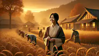 Mei, now human, works peacefully in the fields at dusk alongside villagers, enjoying a simple life.