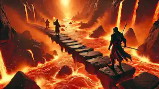 Kiprop and Kiptoo cautiously cross a river of fire on a narrow stone bridge.