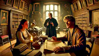 Robert Langdon, Sophie Neveu, and Leigh Teabing in his study, discussing the secrets of the Holy Grail.