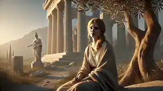 Myrine sits peacefully under an olive tree in her final years as the Pythia, looking out at the golden sunset near the temple.