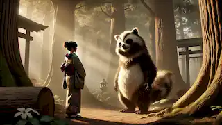 Kage reveals his tanuki form to Aiko in a secluded forest clearing at sunset.