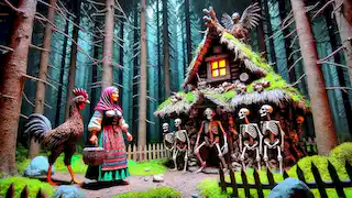 Vasilisa stands before Baba Yaga's hut, surrounded by a fence of human bones.