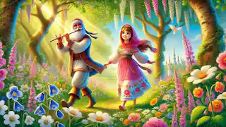 Snegurochka and Lel walk hand in hand through the blooming forest.