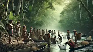 Caboclo fishermen working together by the river, standing near wooden canoes amidst the Amazon's vibrant greenery.