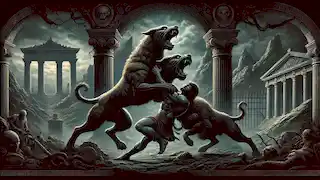 Hercules capturing Cerberus, the three-headed guardian of the underworld, in an eerie, otherworldly landscape.