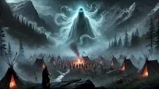 The Mountain Spirit appears, cloaked in mist, confronting the warlord’s encampment at night.