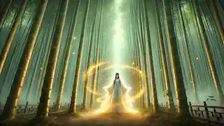 Celestial maiden Yuelian in a bamboo grove, glowing softly while challenging Liu Feiyan with a riddle.