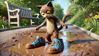 Pete's shoes turn brown as he steps into a muddy puddle, smiling as he walks.