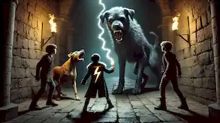 A boy faces a giant three-headed dog in a dark corridor as his friends look on in worry, dim torchlight flickering.