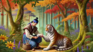 Jin removes the thorn from the tiger's paw.