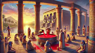 Ra's priests prepare a red beer mixture in a sacred courtyard to calm the goddess Sekhmet.