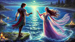 Esfandiyar confronting a beautiful sorceress by a glittering lake, sword ready, moonlight reflecting.