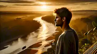  Lucas stands on the banks of the Amazon River at sunset, reflecting on his journey.