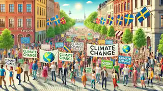 A generic climate change rally in Sweden with diverse people holding banners and signs promoting environmental sustainability.