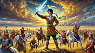 Nabro leads warriors from Kazakh tribes in training on the steppes, holding a celestial glowing sword.