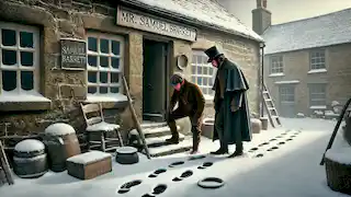  Two men inspecting mysterious hoof-like footprints outside a snow-covered stone shop in an 1855 English village.