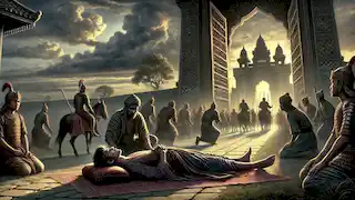 Prince Bantugan lies gravely ill at the gates of the Land of the Setting Sun, as storm clouds gather and guards rush to his aid.