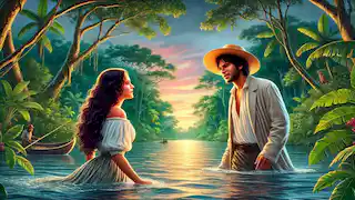 Maria meets Antonio by the Amazon River; he emerges from the water under a colorful evening sky.