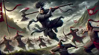 Li Kui, the Black Whirlwind, swings his axe fiercely as the Water Margin Heroes battle imperial forces on a hilly battlefield.