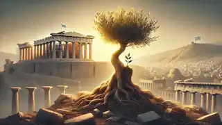 The Sacred Olive Tree sprouts a new shoot amidst the ruins of Athens after the Persian invasion, glowing under Athena's protection.