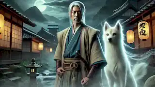 An older Hayato stands as a village protector with the Inugami spirit by his side