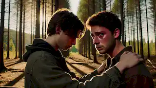 Sam and Ben face each other in a forest, with Ben looking down in shame and Sam appearing hurt but calm.