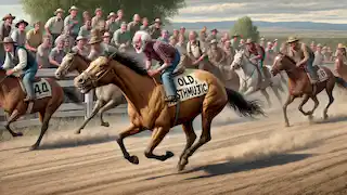 Jim Smiley's tired, asthmatic horse galloping slowly in a race, with spectators watching and laughing