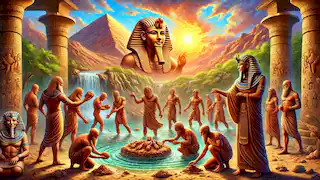 Gods create humans from Nile clay as Ra observes.