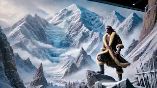 Aibek stands at the base of Mount Tengri, surrounded by icy rocks and swirling mists under a cold, clear sky