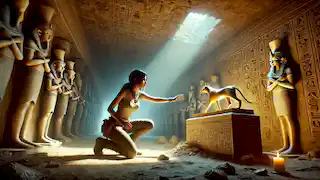 Meret-Ka retrieving a sacred cat relic inside an ancient Egyptian tomb.