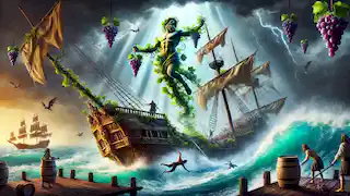 Dionysus transforms a pirate ship, causing grapevines to grow as pirates leap overboard in fear.