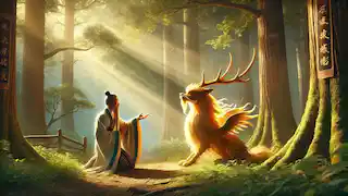 Confucius kneels before the glowing Qilin in a peaceful grove with sunlight filtering through the trees.