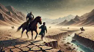 Rostam and his horse Rakhsh struggle through a barren desert under a blazing sun, searching for water.