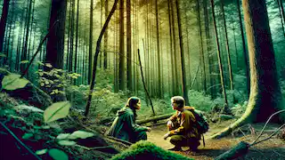 Katniss and Rue crouching in a dense forest, planning their strategy against the Career tributes.