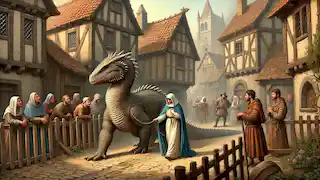 Saint Martha leads the subdued Tarasque through a medieval village, with villagers watching cautiously from their homes.