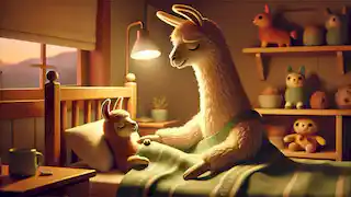 Mama Llama sits beside Llama Llama, offering reassurance as he lies in bed with a relieved expression.