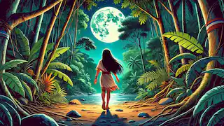  Naiá walks barefoot through the Amazon rainforest at night, illuminated by the glowing moon above.