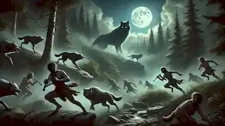 The Satyrs cross a dangerous landscape, using music to distract shadow wolves under a moonlit sky during their journey.