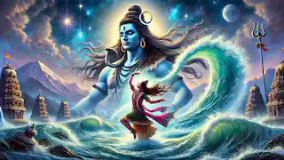 Lord Shiva controls the powerful flow of the Ganges River on his matted hair as it descends from the heavens.