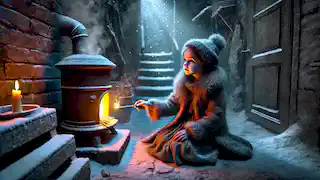 A frail girl sitting in a snowy alley, lighting her first match, revealing a warm iron stove in her vision.