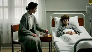 Mother sits beside her son’s hospital bed, placing a small gift box of candies on the nightstand