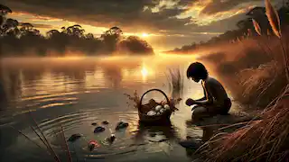 Jandamarra kneeling at the riverbank at dawn, offering a basket as a tribute, with mist rising from the water.