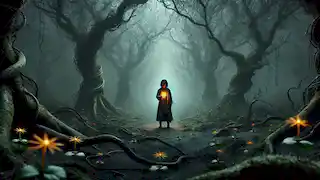 Anahita stands in a dark forest, holding a glowing vial, with flowers blooming around her feet.