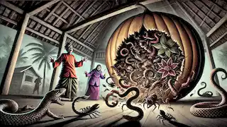 Bawang Merah opens a large gourd, and snakes and scorpions spill out, causing chaos and fear in the house.