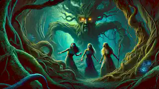 The three nymph sisters confront a giant tree spirit in the dark Forest of Shadows, filled with twisted roots and faint light.