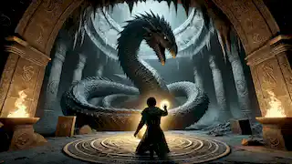 Eadric faces the coiled Wyvern in its lair, channeling ancient magic as the creature watches from the shadows.