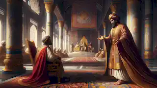 The vizier offering gifts to a neighboring king in a grand palace, negotiating peace.